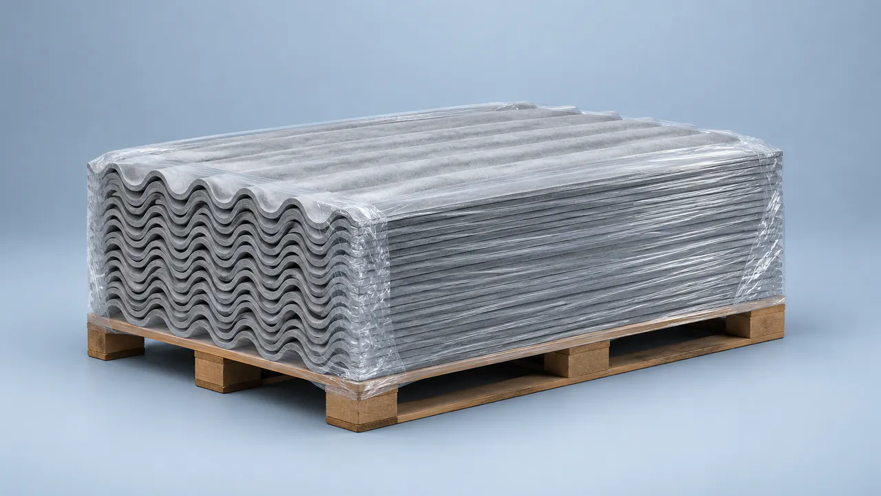 Plaques ondulées en fibrociment empilées et emballées sous film plastique.