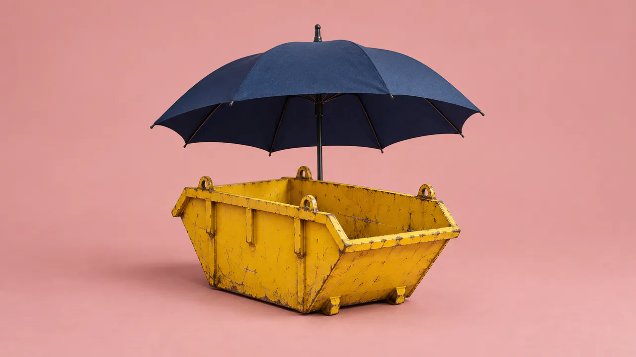 Petite benne jaune abritée sous un parapluie bleu marine ouvert, fond rose poudré.