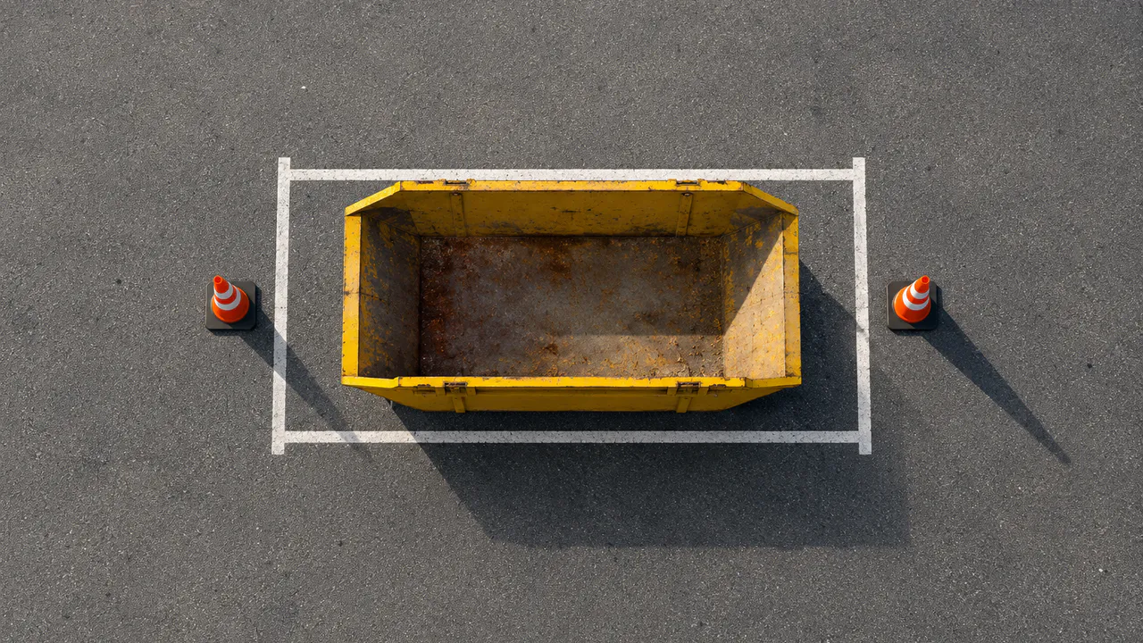 Vue du ciel d’une benne jaune garée sur une place de stationnement, entourée de cônes de signalisation.