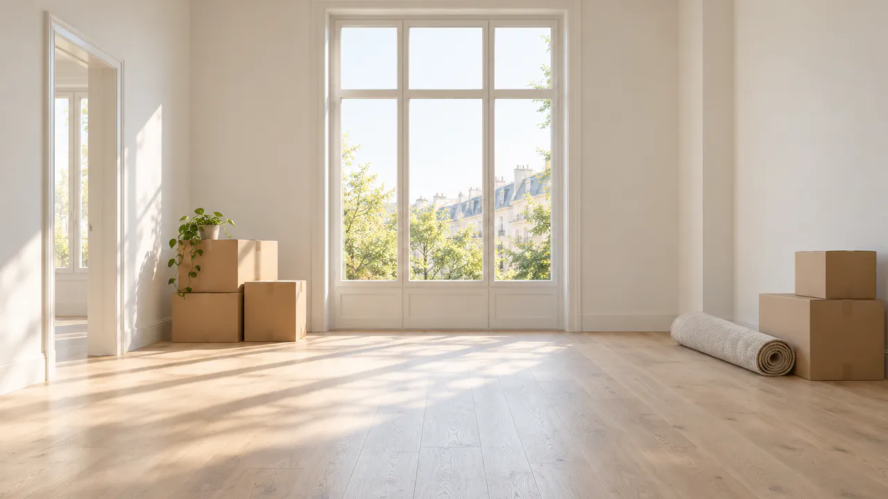 Pièce d’appartement vidée et lumineuse avec quelques cartons empilés et un tapis roulé.