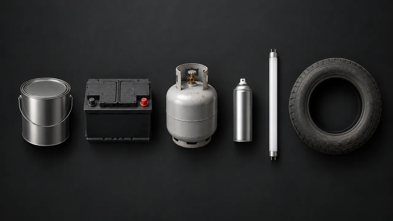 Déchets interdits en benne alignés sur fond sombre : pot de peinture, batterie, bouteille de gaz, aérosol, tube fluorescent, pneu.