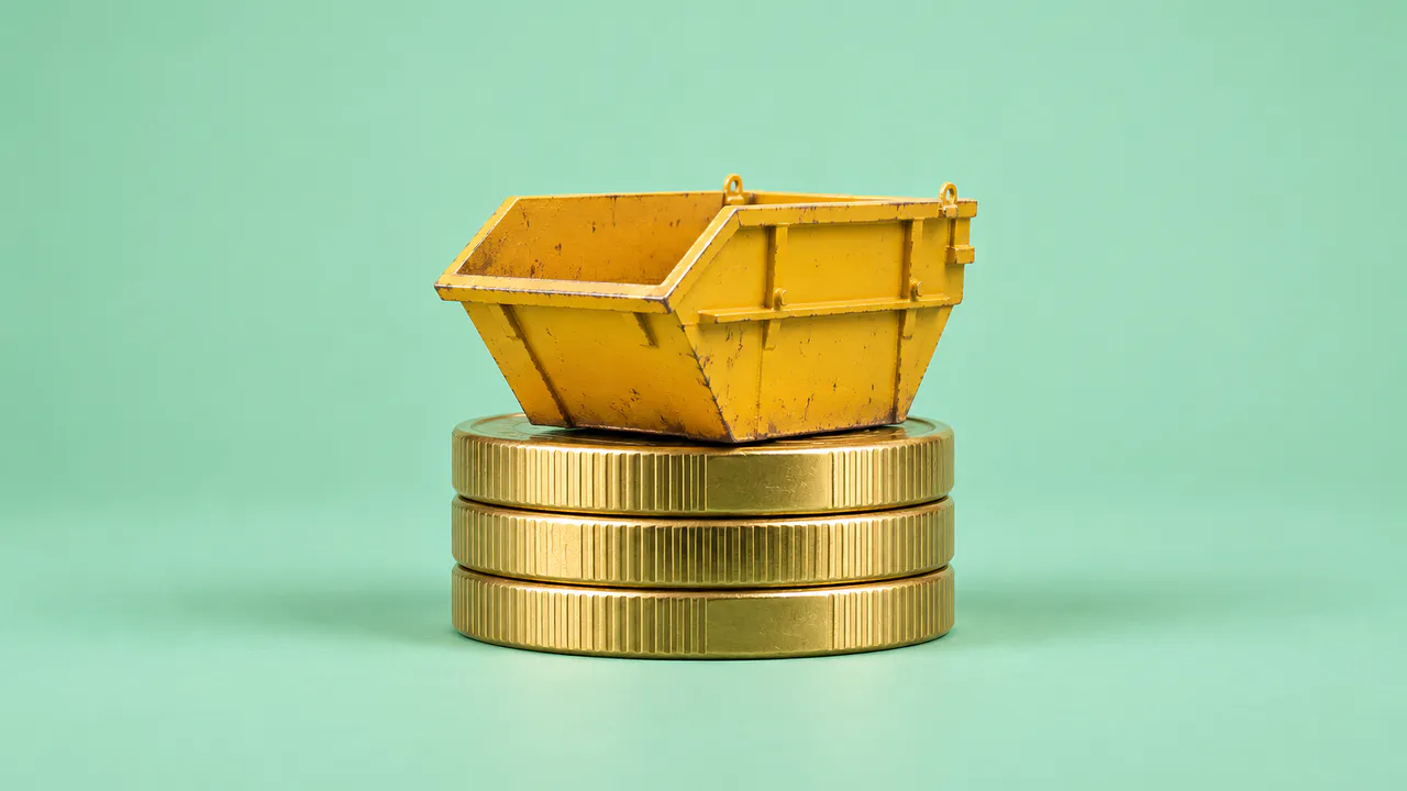 Petite benne jaune posée sur une pile de pièces en euros, fond vert menthe.