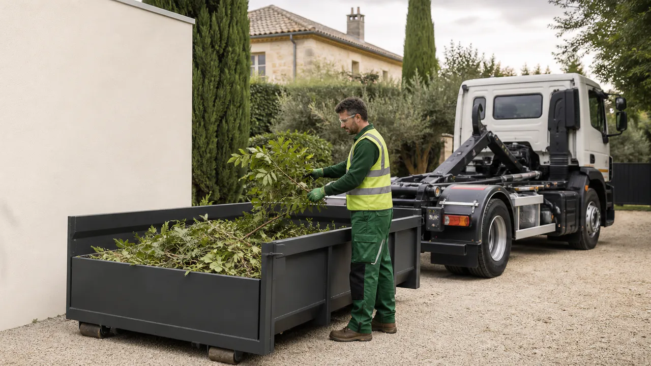 Paysagistes chargeant des branches taillées dans une benne à déchets verts.