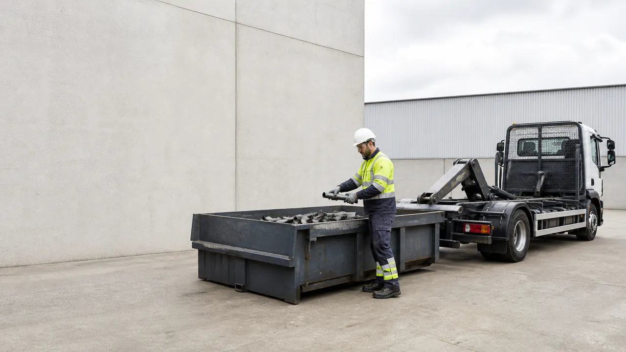Opérateur chargeant des pièces métalliques triées dans une benne à ferraille.