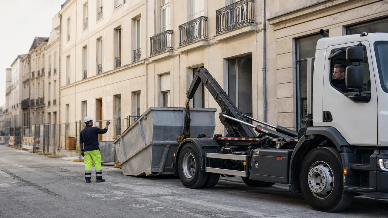 Conducteur guidant la pose d’une benne dans une rue urbaine dense.