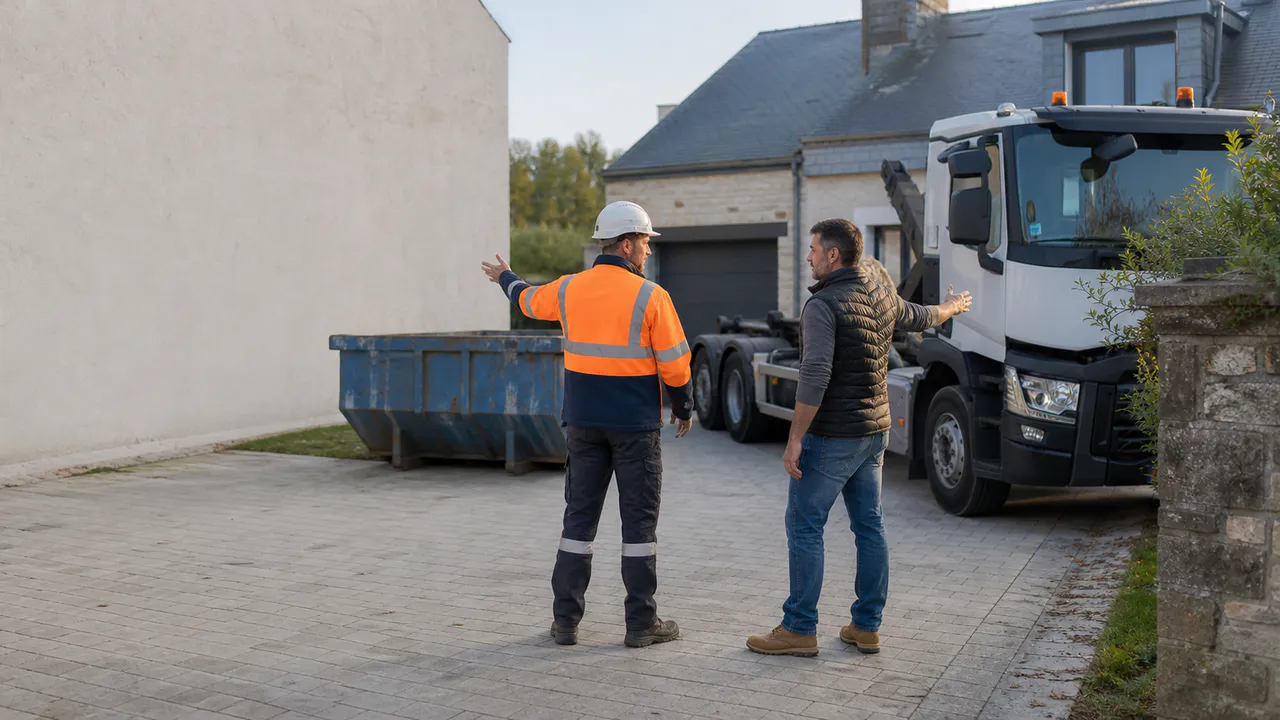 Conducteur et client examinant le point de pose d’une benne devant une maison.