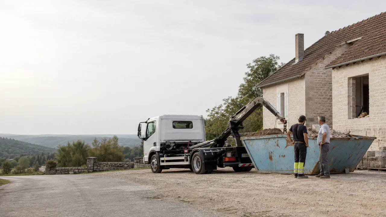 Conducteur et maçon inspectant une benne près d’une maison en pierre.