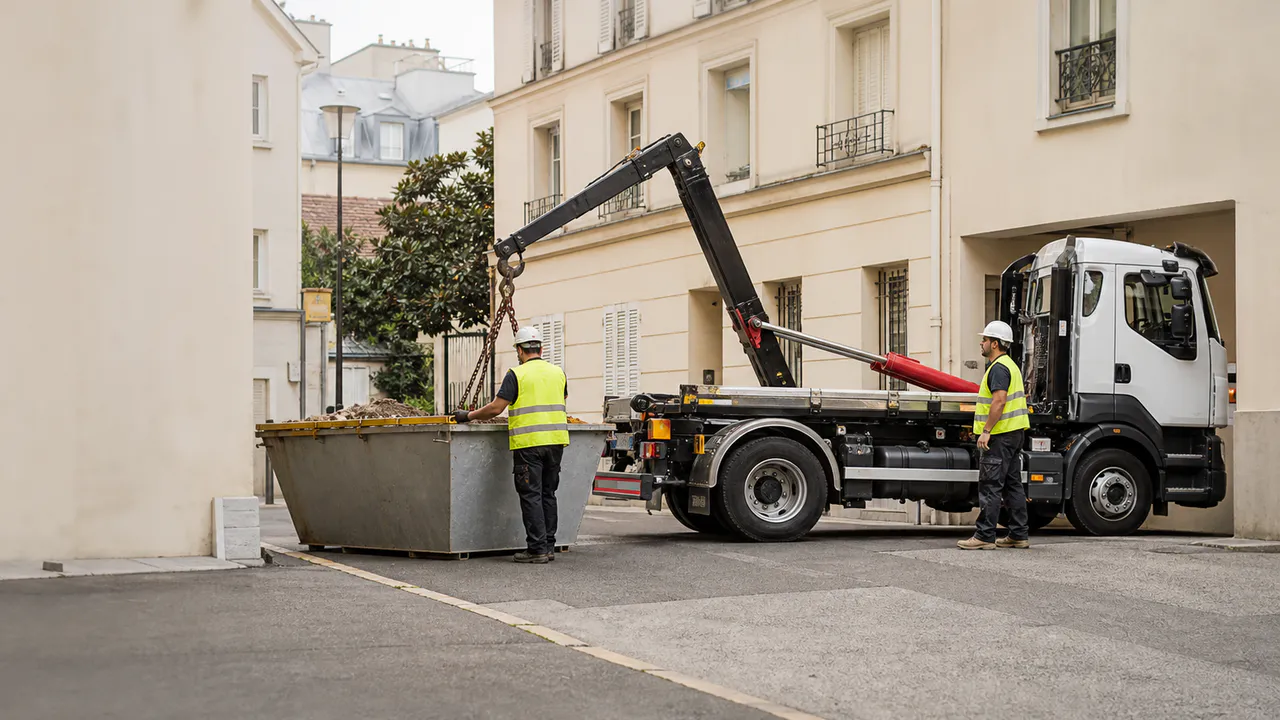 Équipe livrant une benne dans une rue résidentielle dense d’Île-de-France.