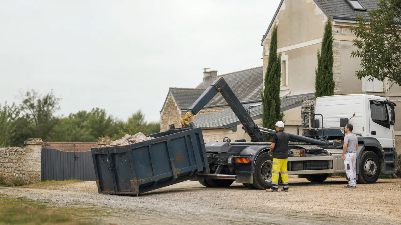 Livraison d’une benne près d’une rénovation en pierre et ardoise.