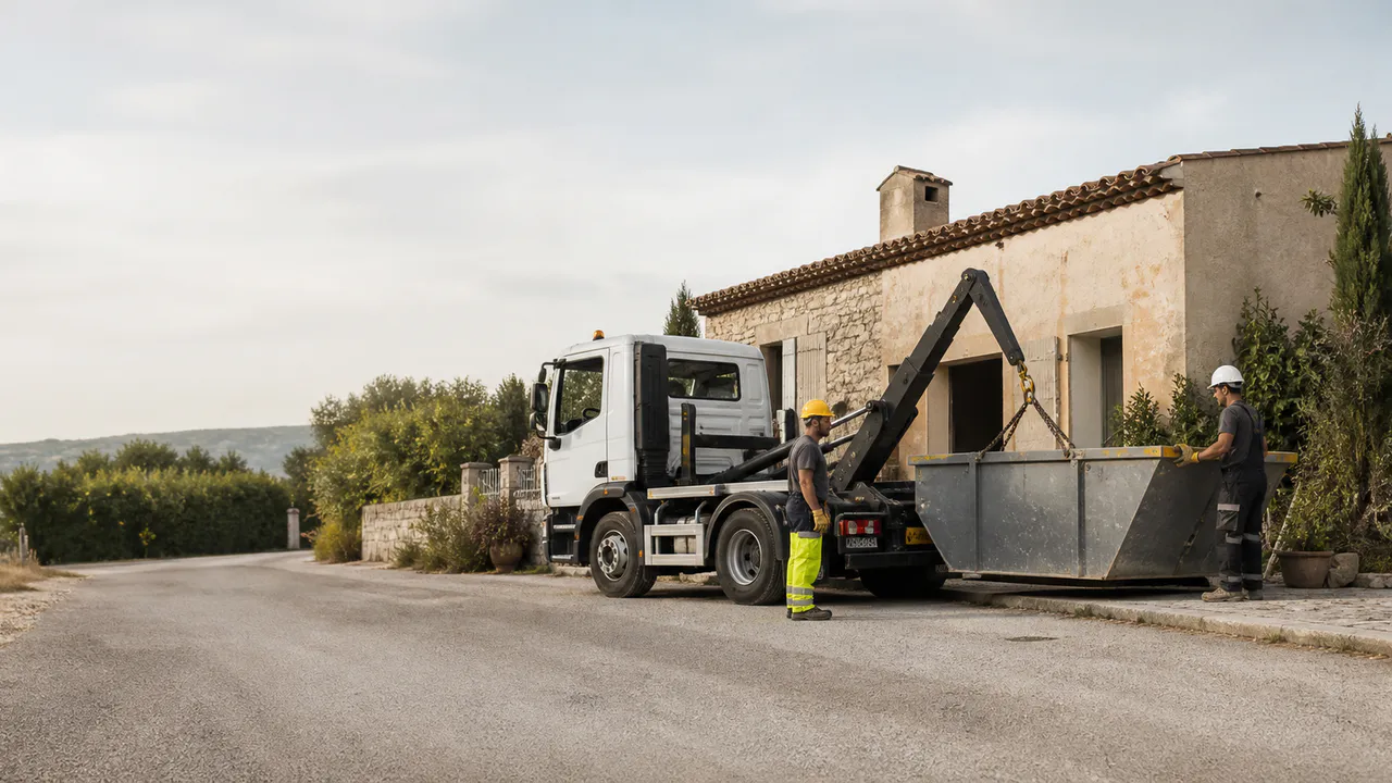 Professionnels livrant une benne près d’une rénovation méditerranéenne.