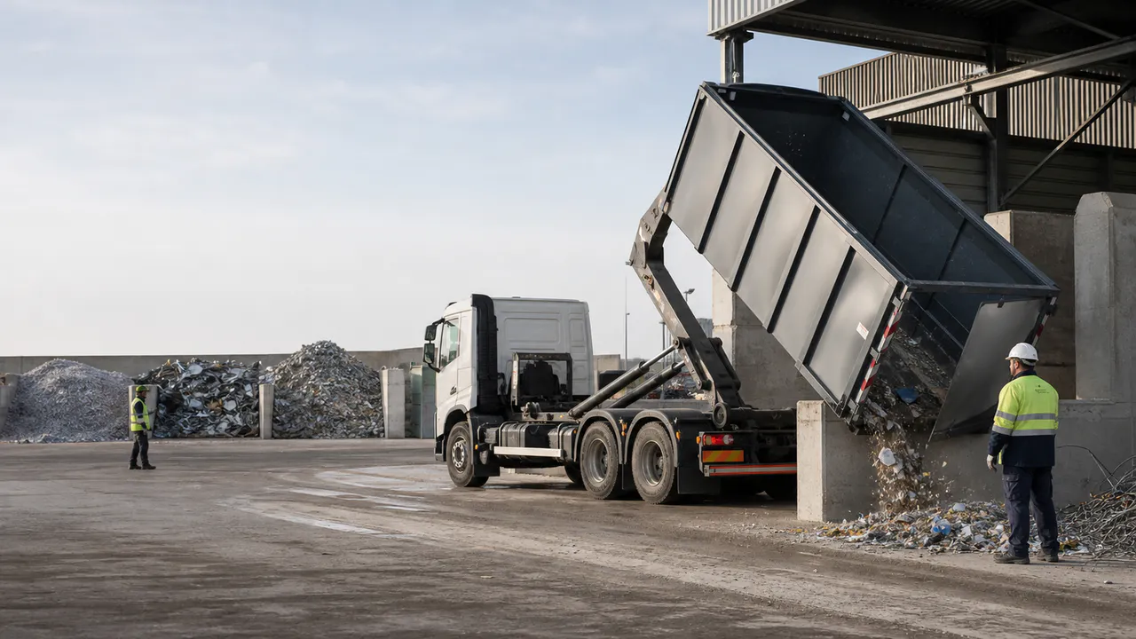 Camion déchargeant une benne dans un centre de tri sous la surveillance d’opérateurs.