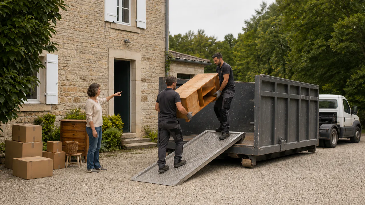 Deux personnes chargeant du mobilier démonté dans une benne de vide-maison.