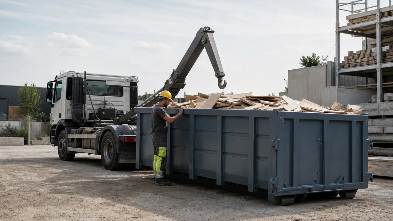 Professionnel à côté d’une benne 15 m³ pour montrer ses dimensions réelles.