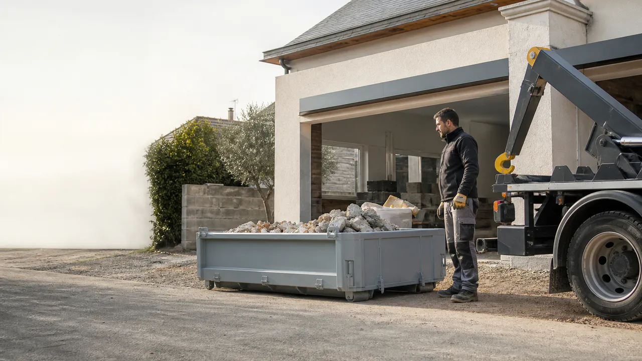 Professionnel à côté d’une benne 3 m³ pour montrer ses dimensions réelles.