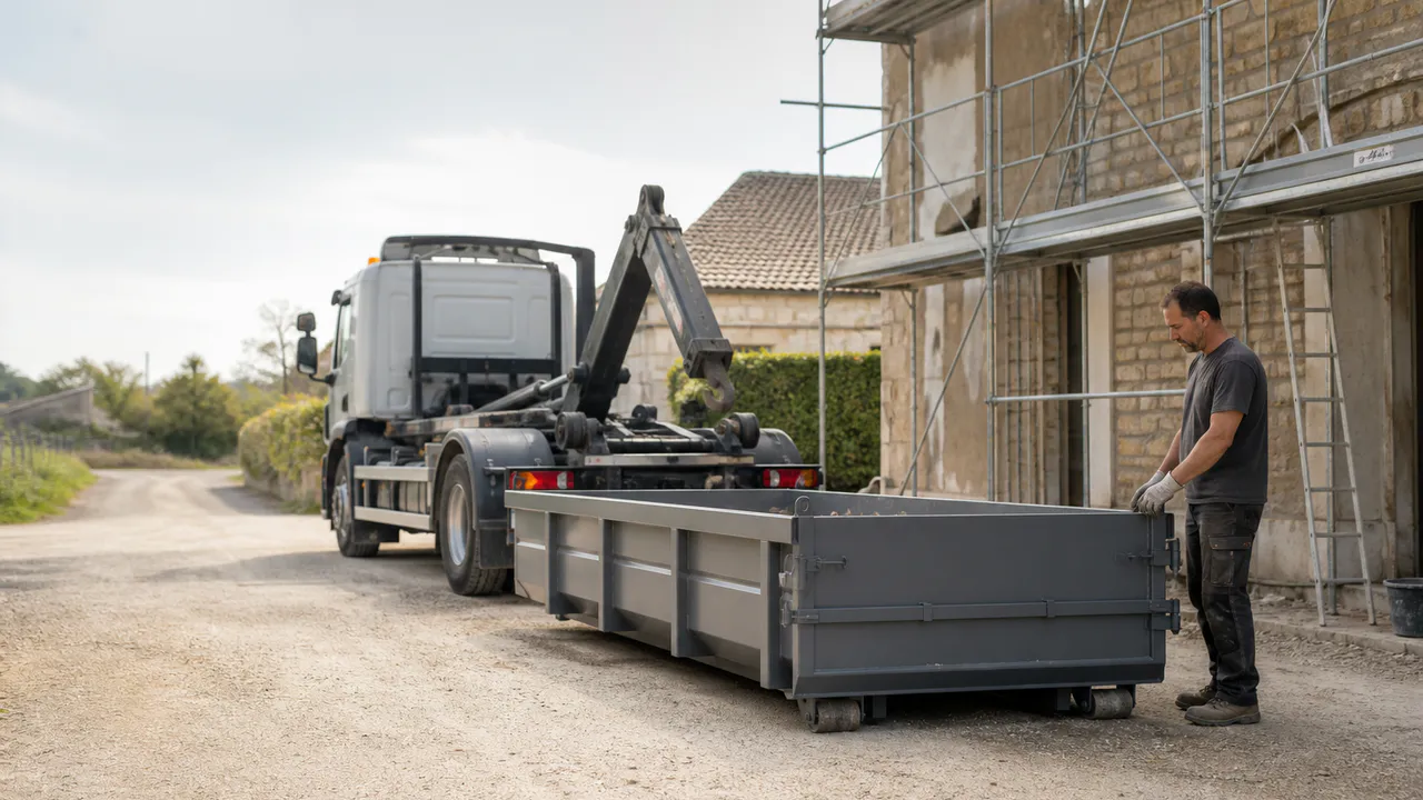 Professionnel à côté d’une benne 8 m³ pour montrer ses dimensions réelles.